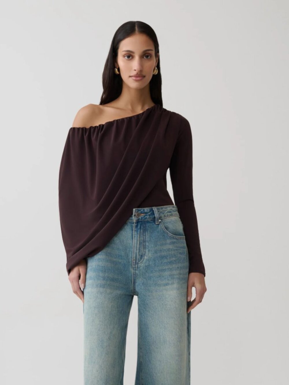 New With Tag! Meshki Yuri Long Sleeve Off-Shoulder Draped Top â Chocolate Brown